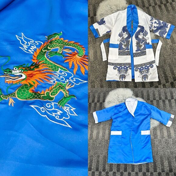 Vintage Kimono Embroidered Dragon Reversible Asian Long Robe Silk Satin Thailand - Picture 1 of 6
